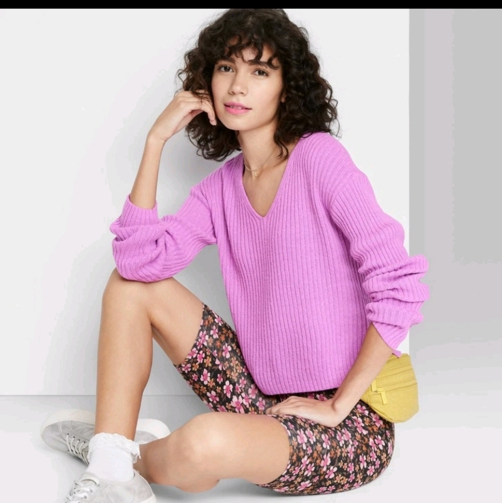 NWT WILD FABLE V-Neck Ribbed Cropped Lilac Pullover Sweater | SZ L